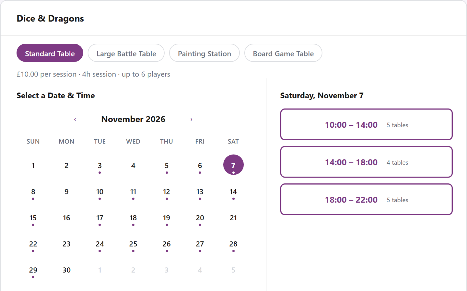NorthMark CRM booking calendar with table types and available slots