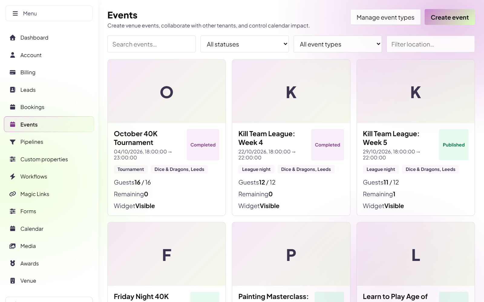 NorthMark CRM events screen with upcoming events and places sold