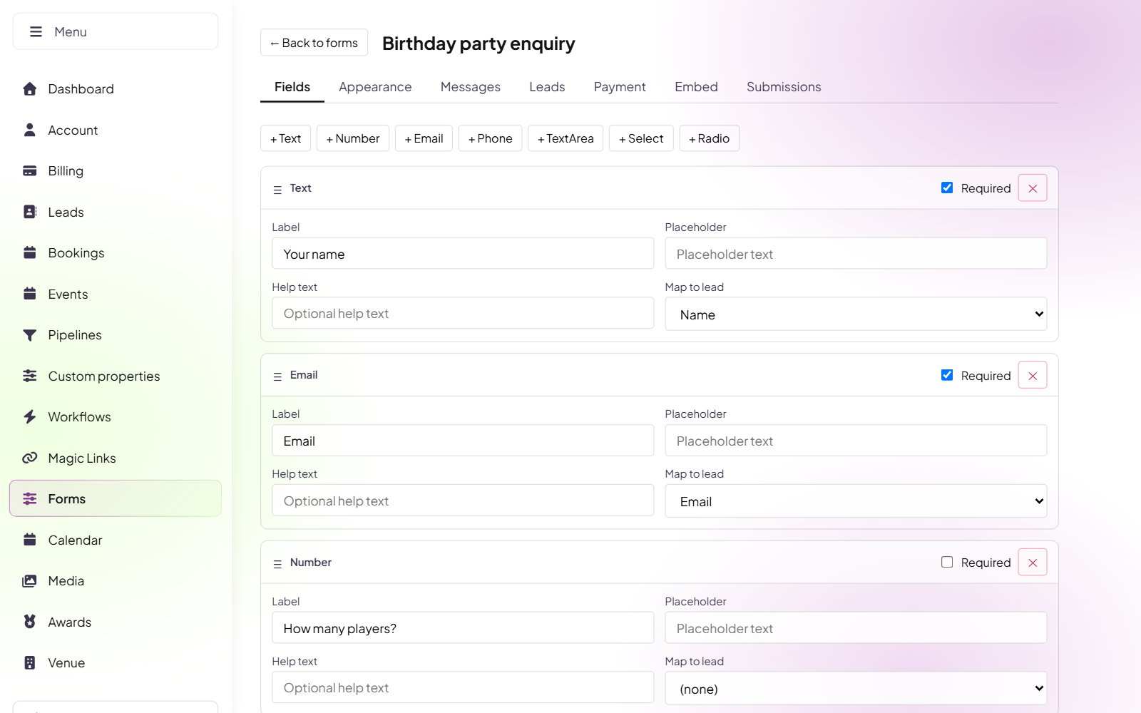 NorthMark CRM form builder with live preview
