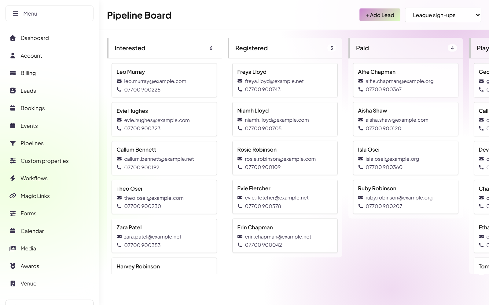 NorthMark CRM pipeline board with customer cards in stages