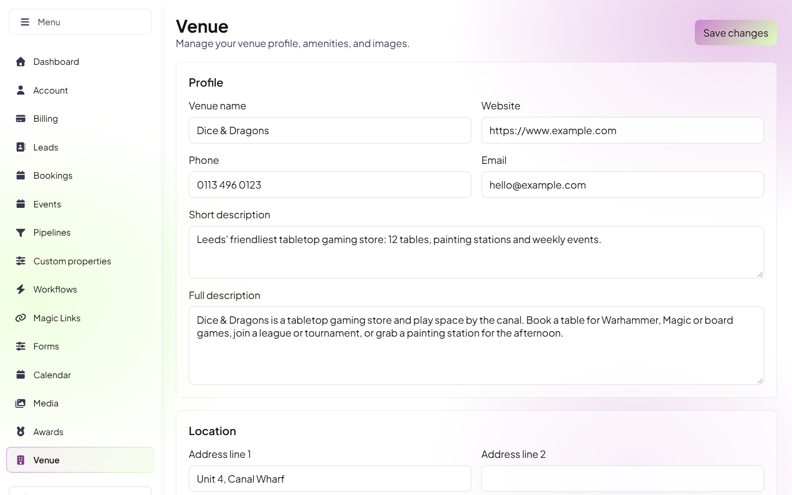 NorthMark CRM venue profile with amenities and photos